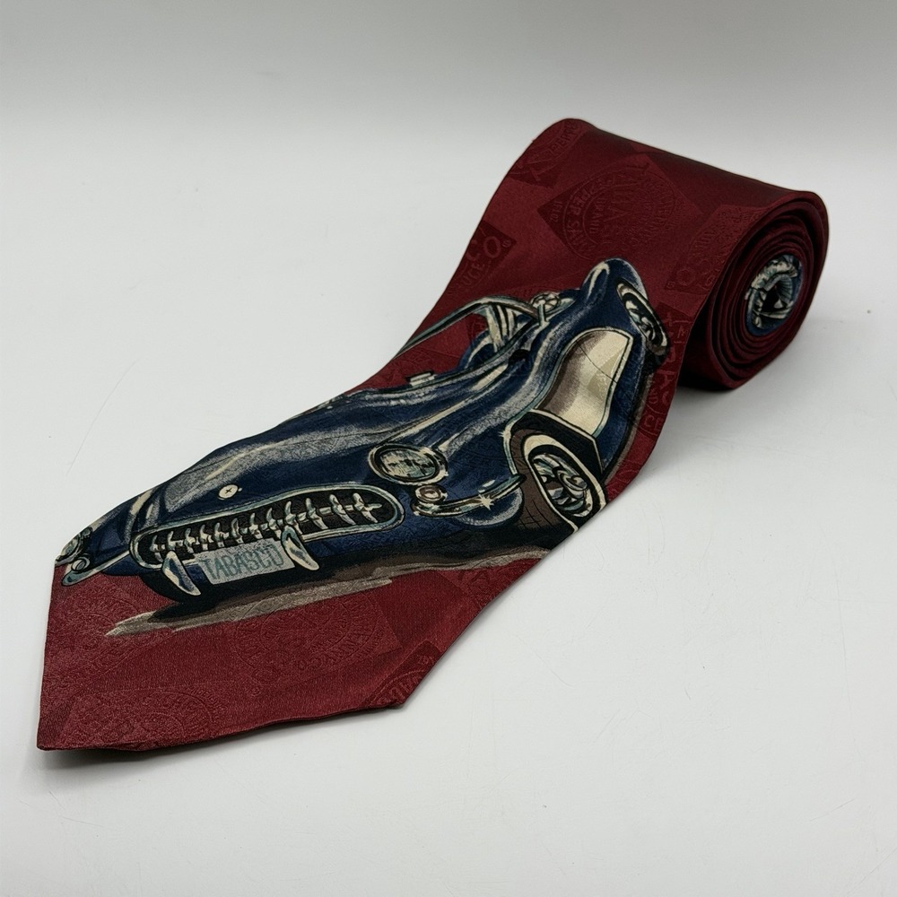 Tabasco Mens Silk Necktie‎ Red Classic Car Americana Corvette Hot Sauce Novelty